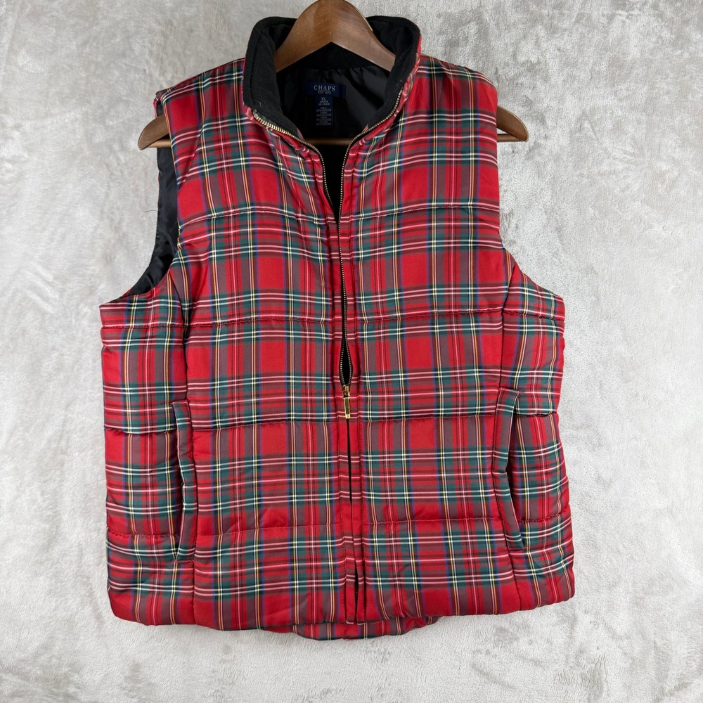 Puffer Vest‎ Red Tartan Plaid Full Zip Chaps Womens XL